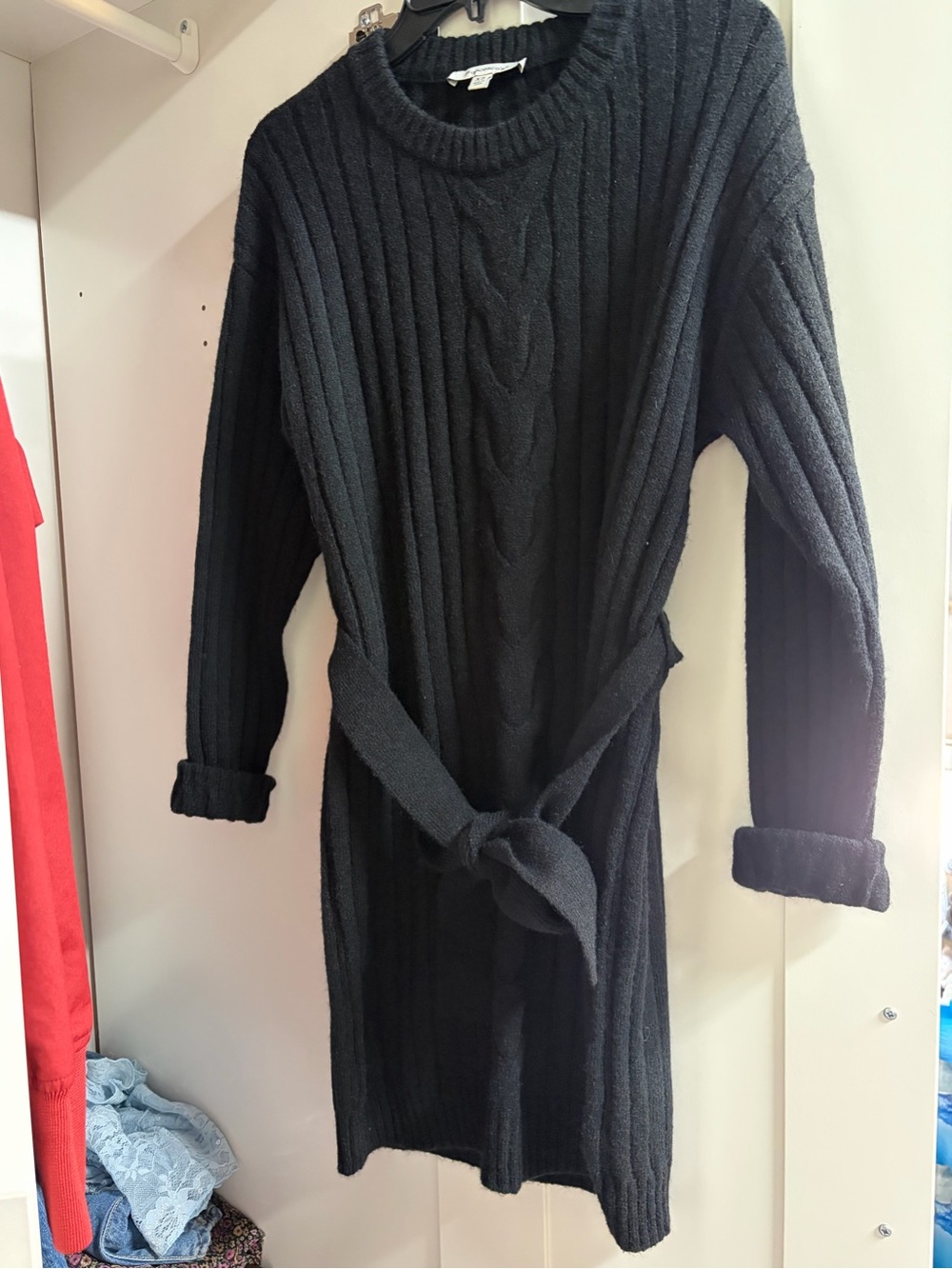 Francesca's Collections Black Cable-Knit Sweater Dress with Tie Waist